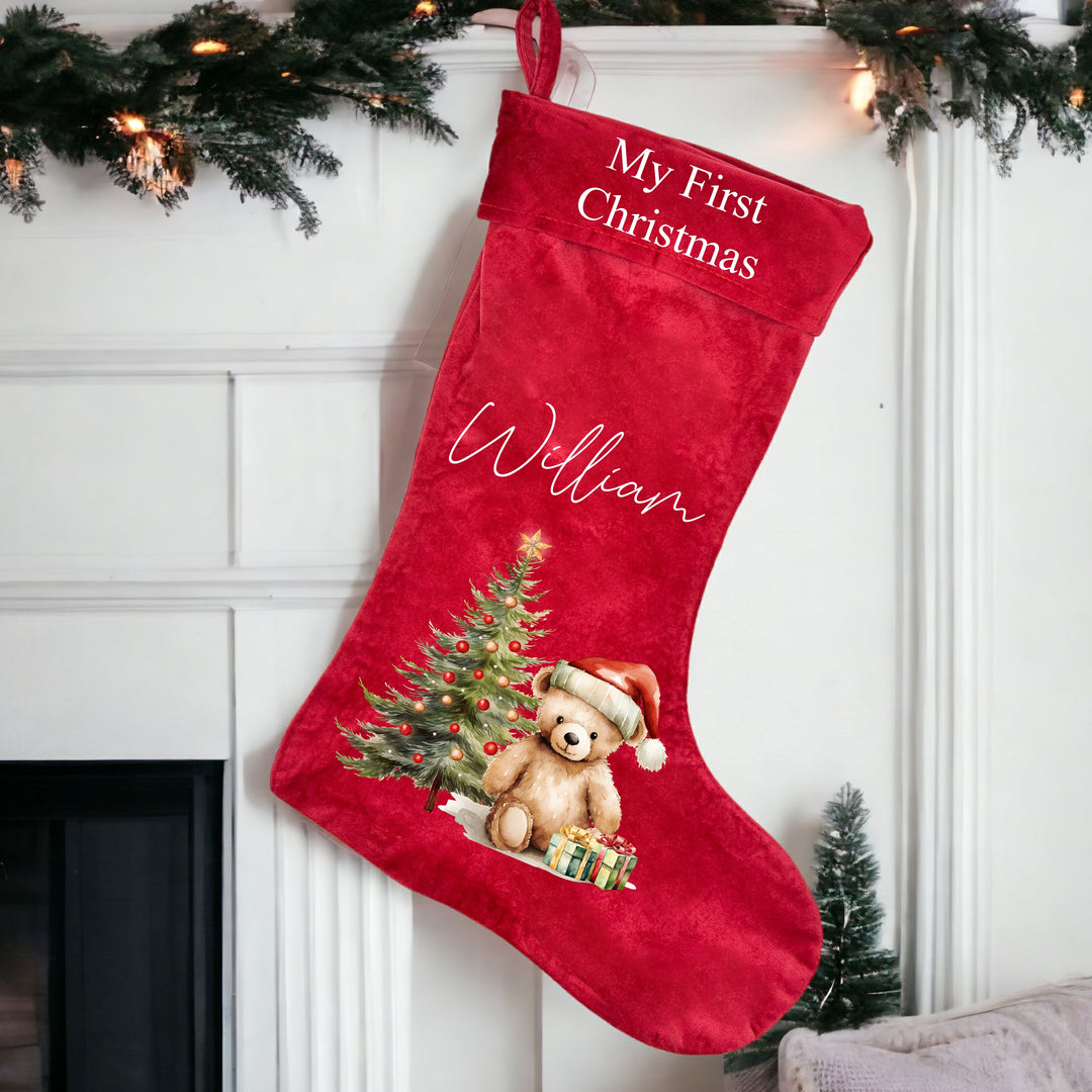 Personalised Red Teddy Christmas Stocking or Santa Sack