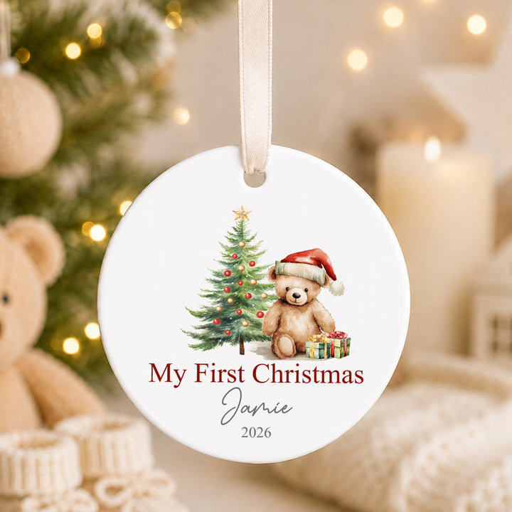 Personalised Red Teddy Tree Ceramic My First Christmas Bauble