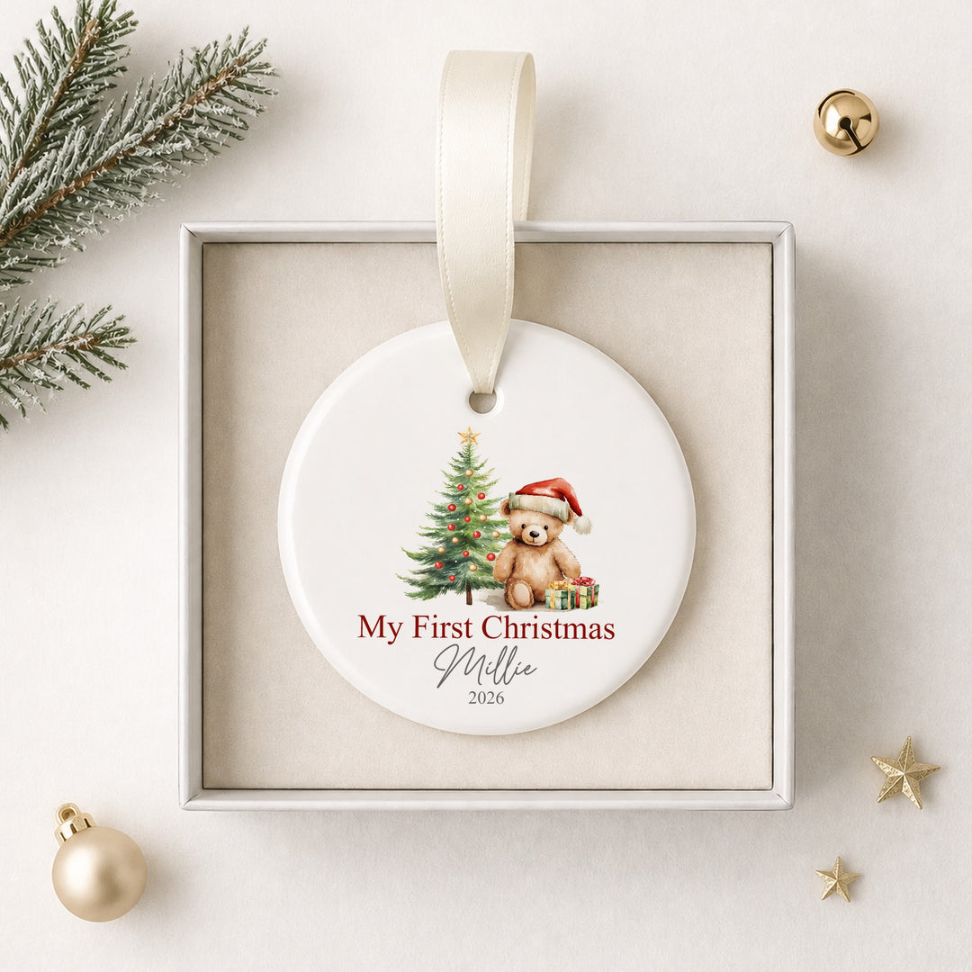 Personalised Red Teddy Tree Ceramic My First Christmas Bauble
