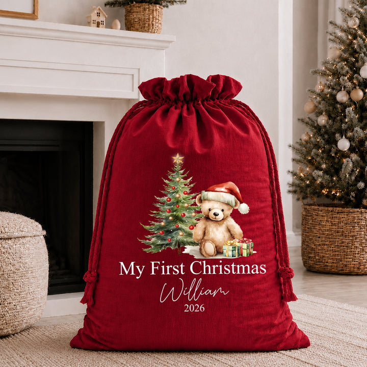 Personalised Red Teddy My First Christmas Stocking or Santa Sack