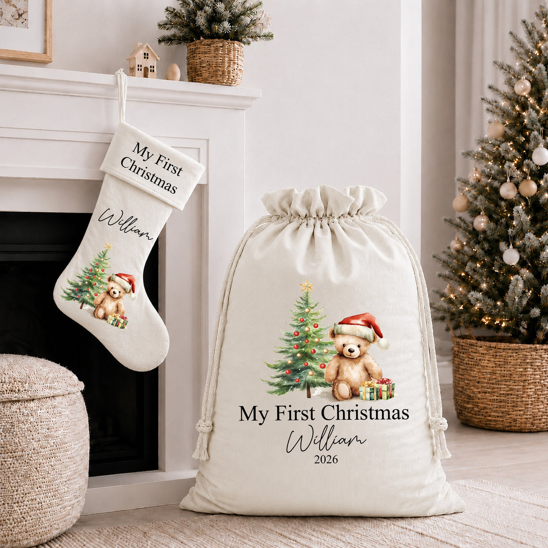 Personalised Red Teddy My First Christmas Stocking or Santa Sack