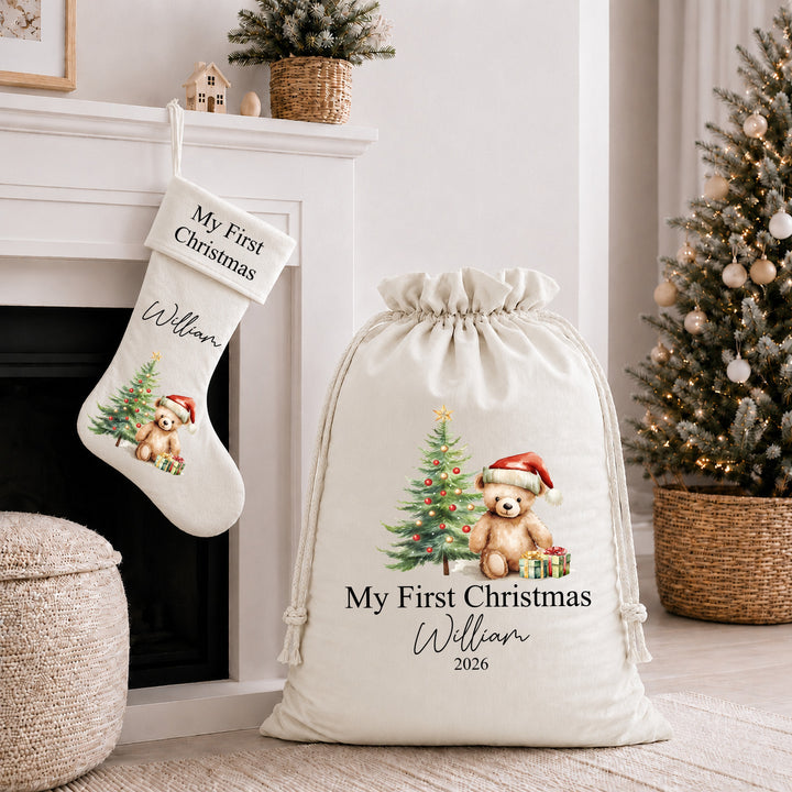 Personalised Red Teddy My First Christmas Stocking or Santa Sack