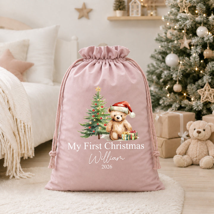 Personalised Red Teddy My First Christmas Stocking or Santa Sack