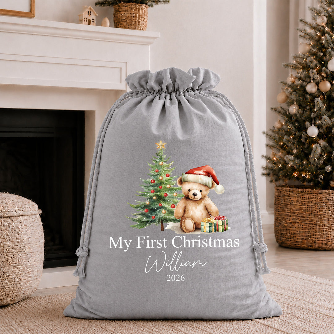 Personalised Red Teddy My First Christmas Stocking or Santa Sack