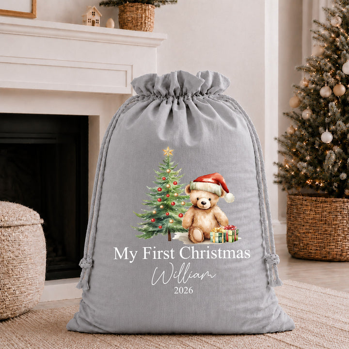 Personalised Red Teddy My First Christmas Stocking or Santa Sack