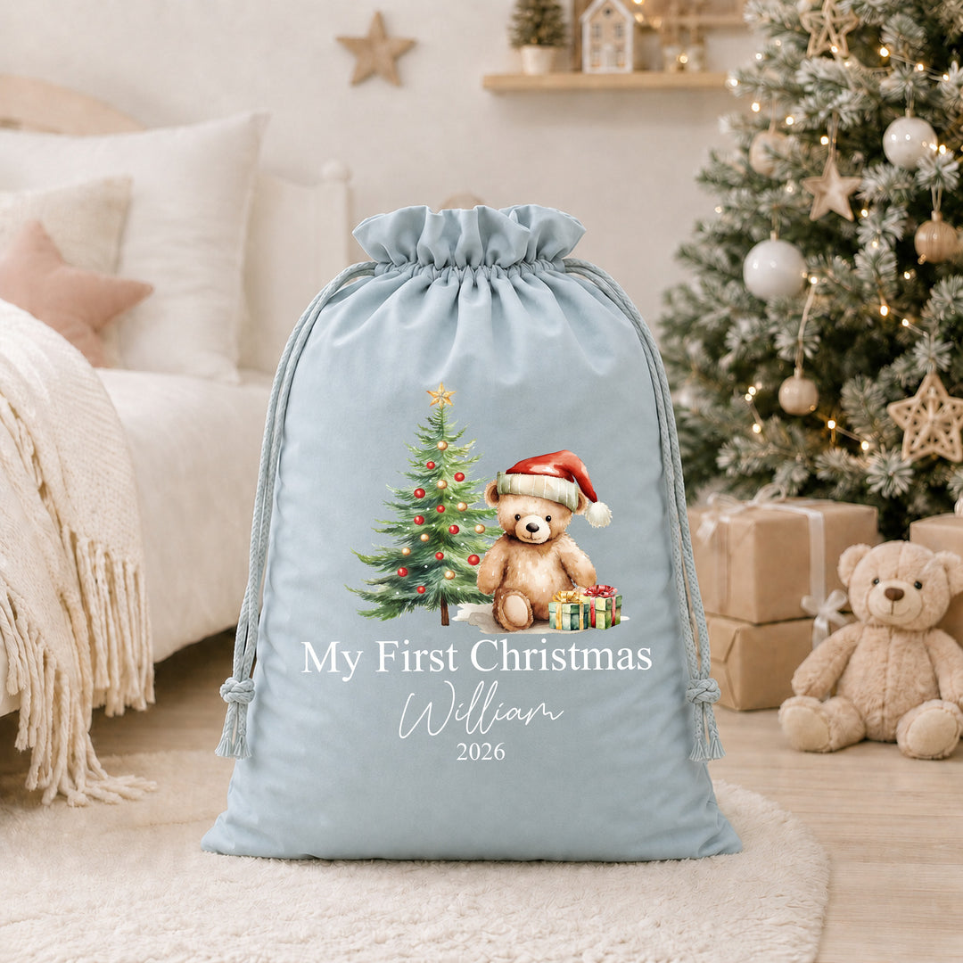 Personalised Red Teddy My First Christmas Stocking or Santa Sack