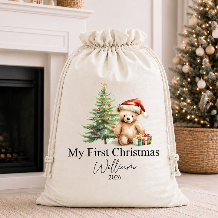 Personalised Red Teddy My First Christmas Stocking or Santa Sack
