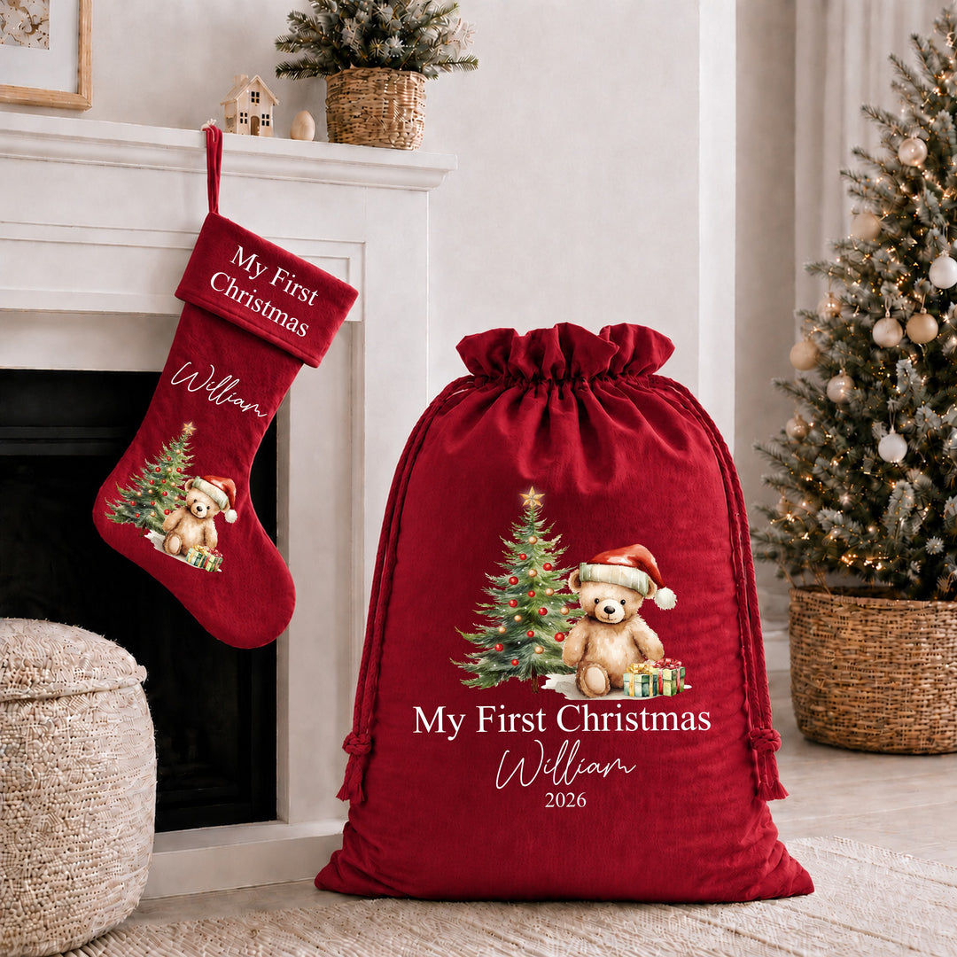 Personalised Red Teddy My First Christmas Stocking or Santa Sack