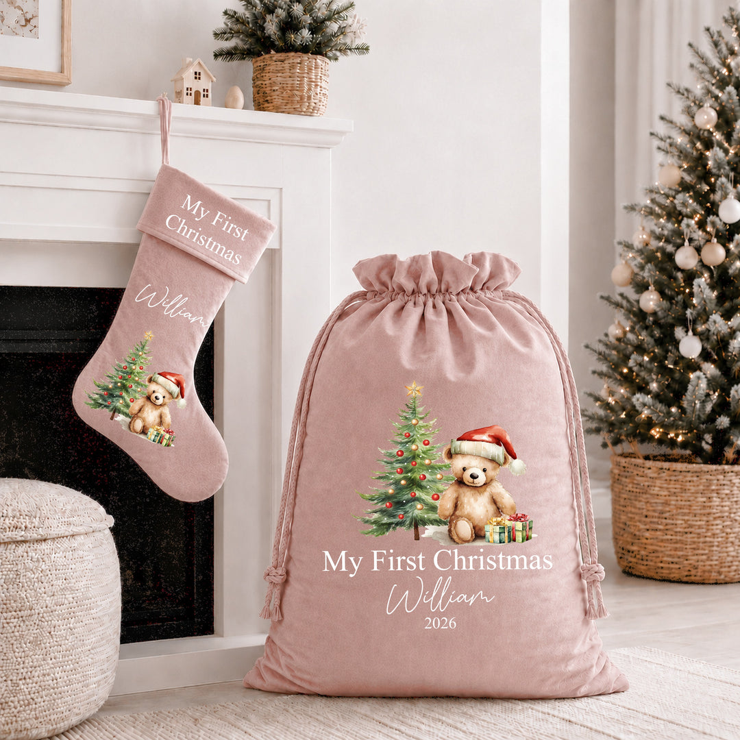 Personalised Red Teddy My First Christmas Stocking or Santa Sack