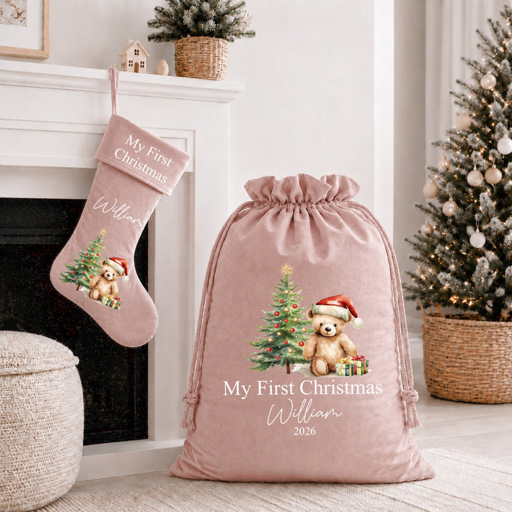 Personalised Red Teddy My First Christmas Stocking or Santa Sack
