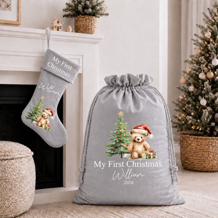 Personalised Red Teddy My First Christmas Stocking or Santa Sack