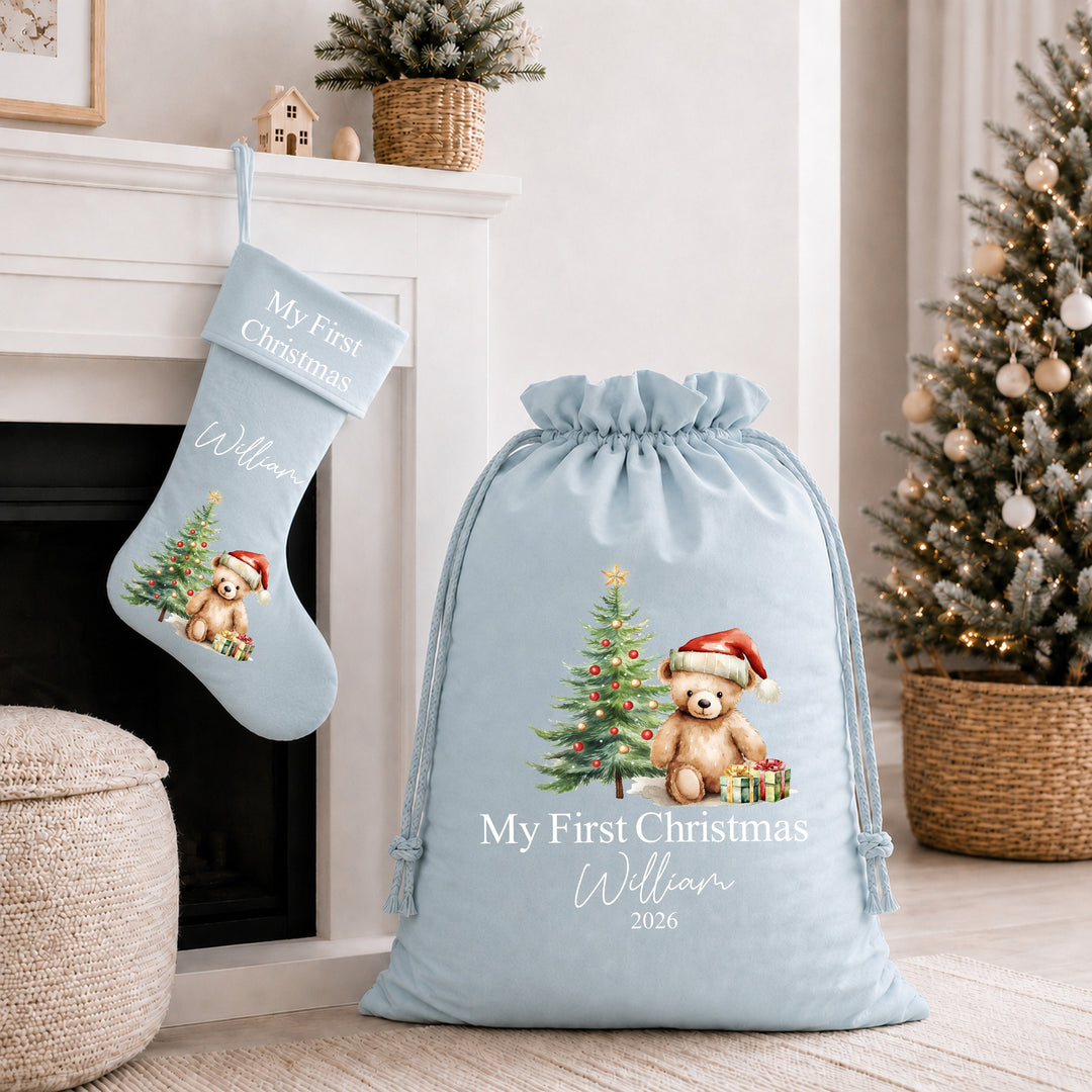 Personalised Red Teddy My First Christmas Stocking or Santa Sack