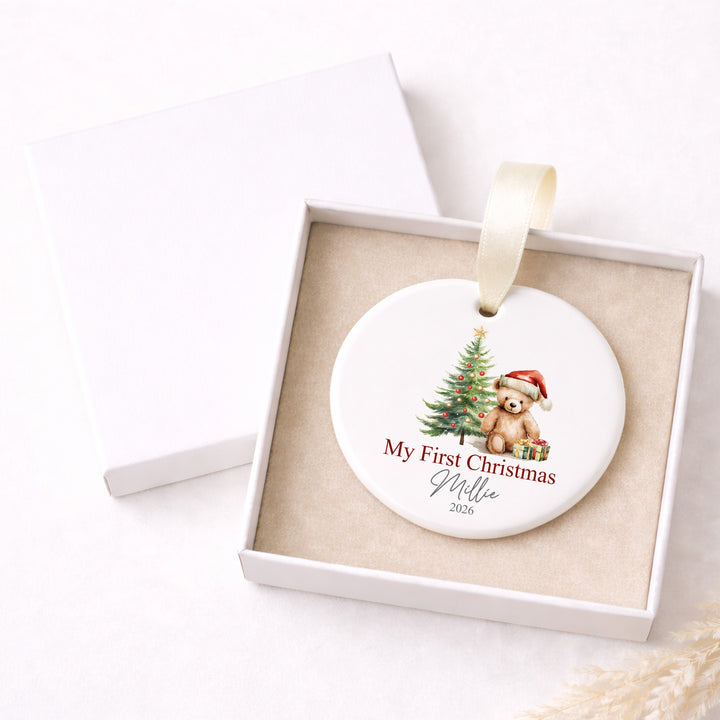 Personalised Red Teddy Tree Ceramic My First Christmas Bauble