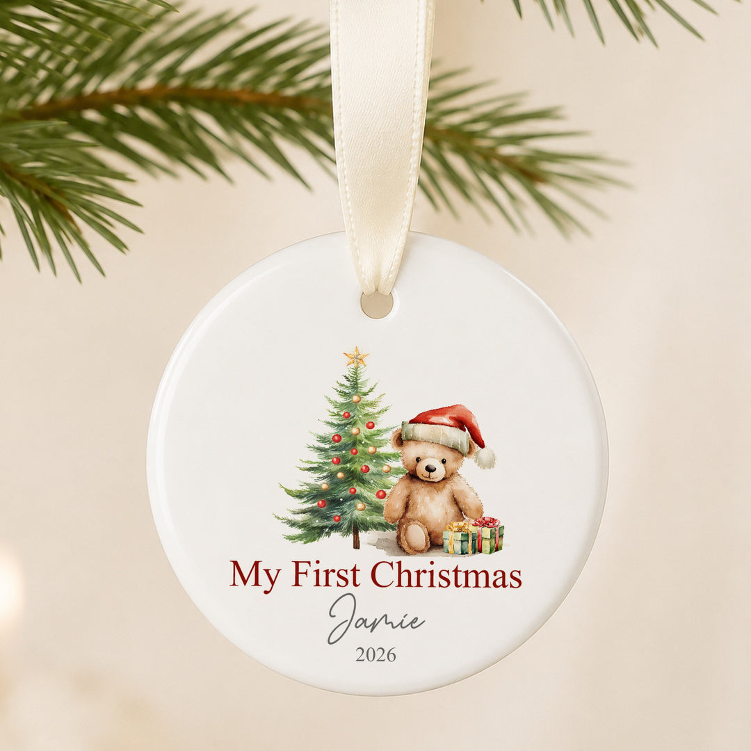 Personalised Red Teddy Tree Ceramic My First Christmas Bauble