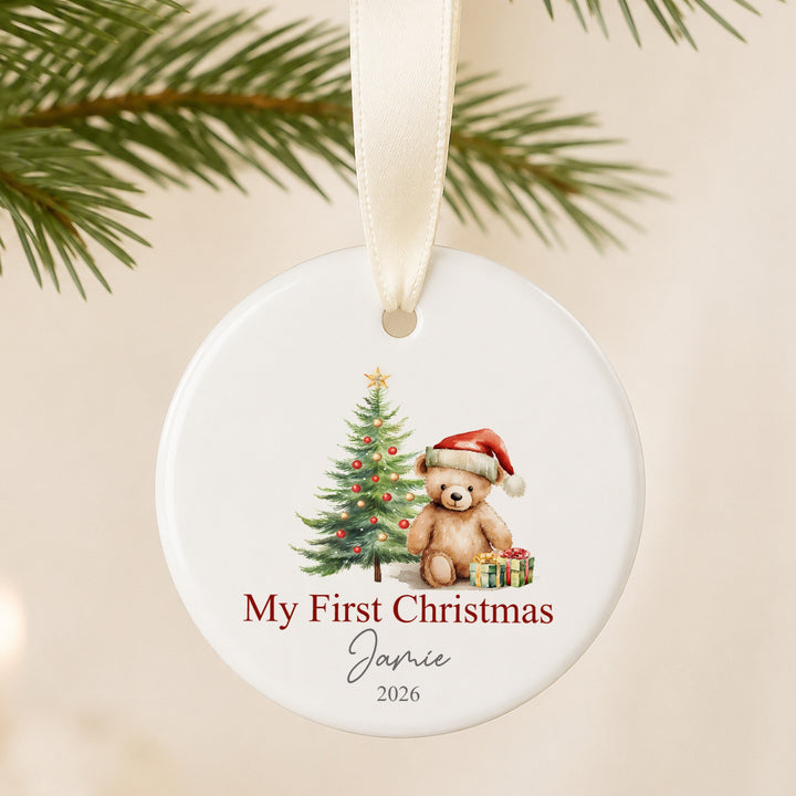 Personalised Red Teddy Tree Ceramic My First Christmas Bauble
