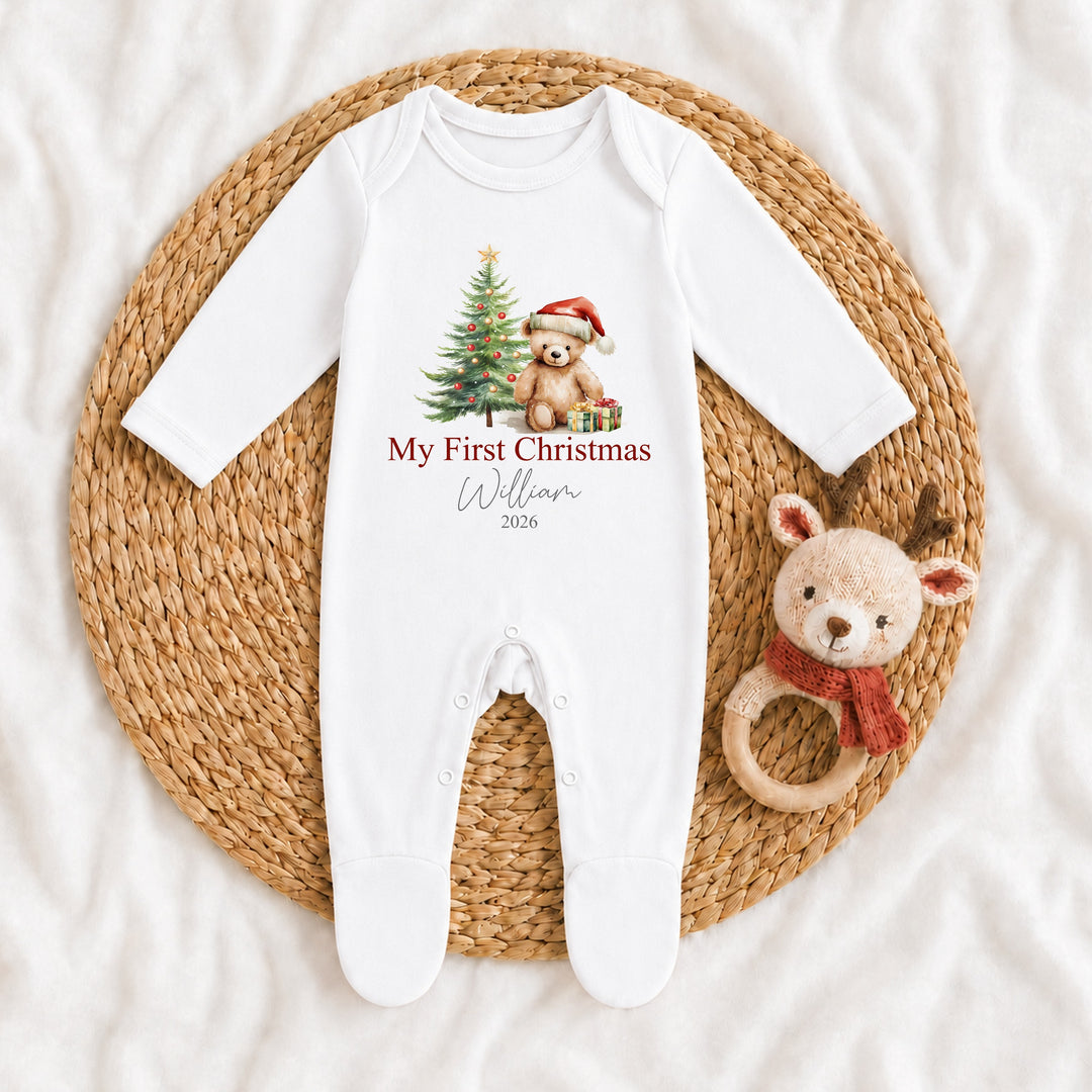 Personalised Teddy Tree My First Christmas Baby Grow, Vest or Bib