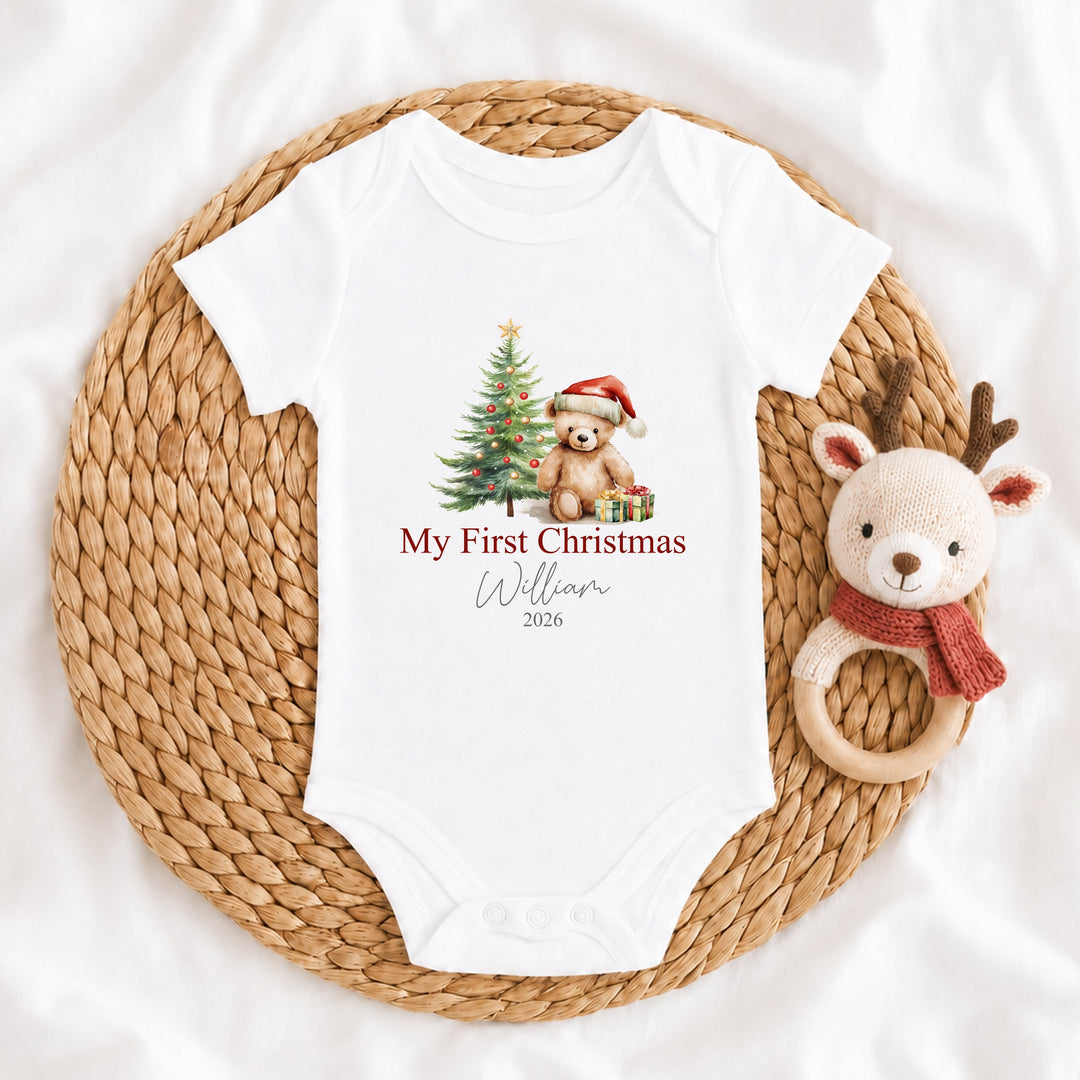 Personalised Teddy Tree My First Christmas Baby Grow, Vest or Bib