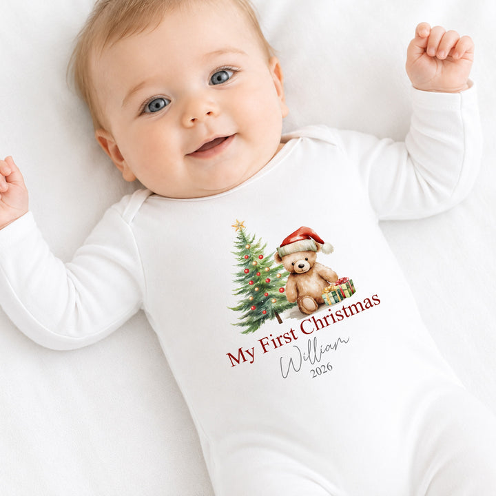 Personalised Teddy Tree My First Christmas Baby Grow, Vest or Bib