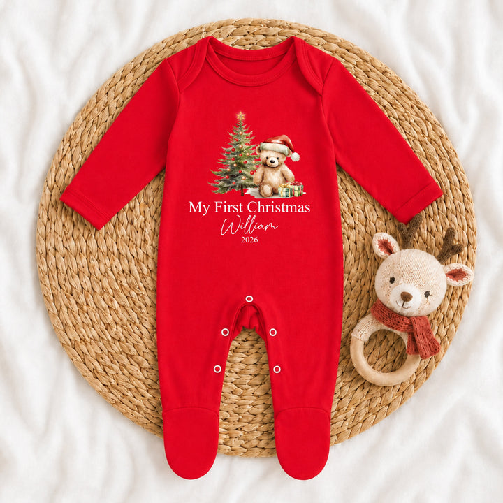 Personalised Teddy Tree My First Christmas Baby Grow, Vest or Bib