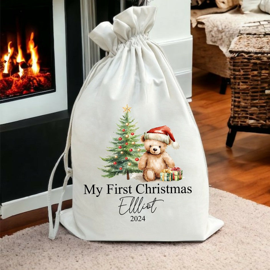 Personalised Red Teddy Christmas Stocking or Santa Sack