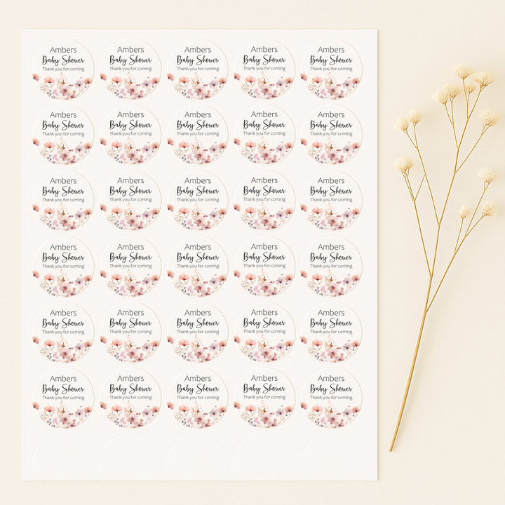 Personalised Pink Floral Baby Shower Stickers
