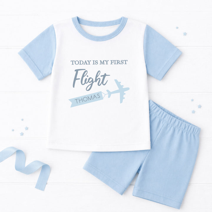 Personalised Today Is My First Flight Holiday Blue Short Sleeve Pyjamas