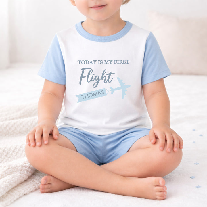 Personalised Today Is My First Flight Holiday Blue Short Sleeve Pyjamas