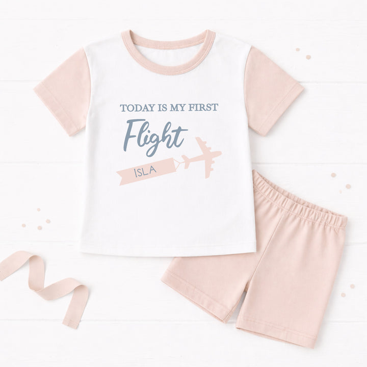 Personalised Today Is My First Flight Holiday Pink Short Sleeve Pyjamas