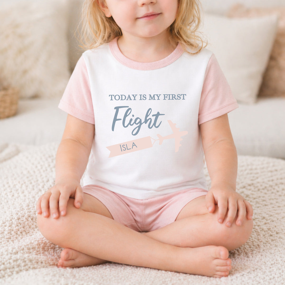 Personalised Today Is My First Flight Holiday Pink Short Sleeve Pyjamas