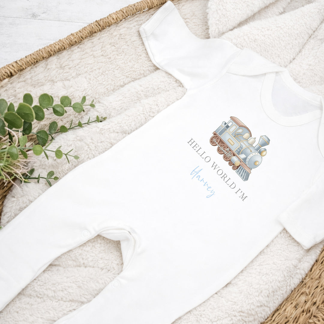 Personalised Blue Train Hello World Baby Grow, Vest or Bib