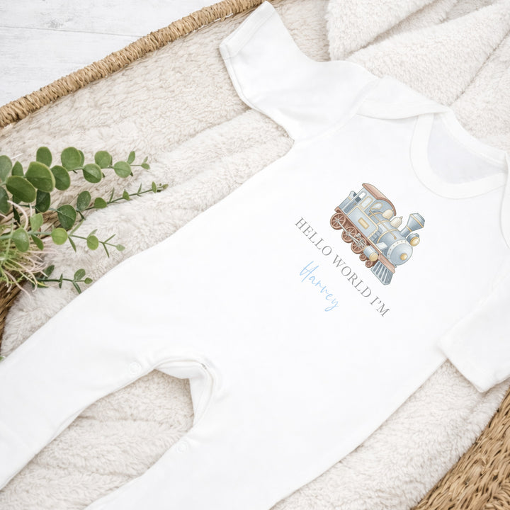 Personalised Blue Train Hello World Baby Grow, Vest or Bib