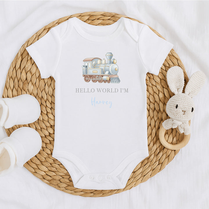Personalised Blue Train Hello World Baby Grow, Vest or Bib