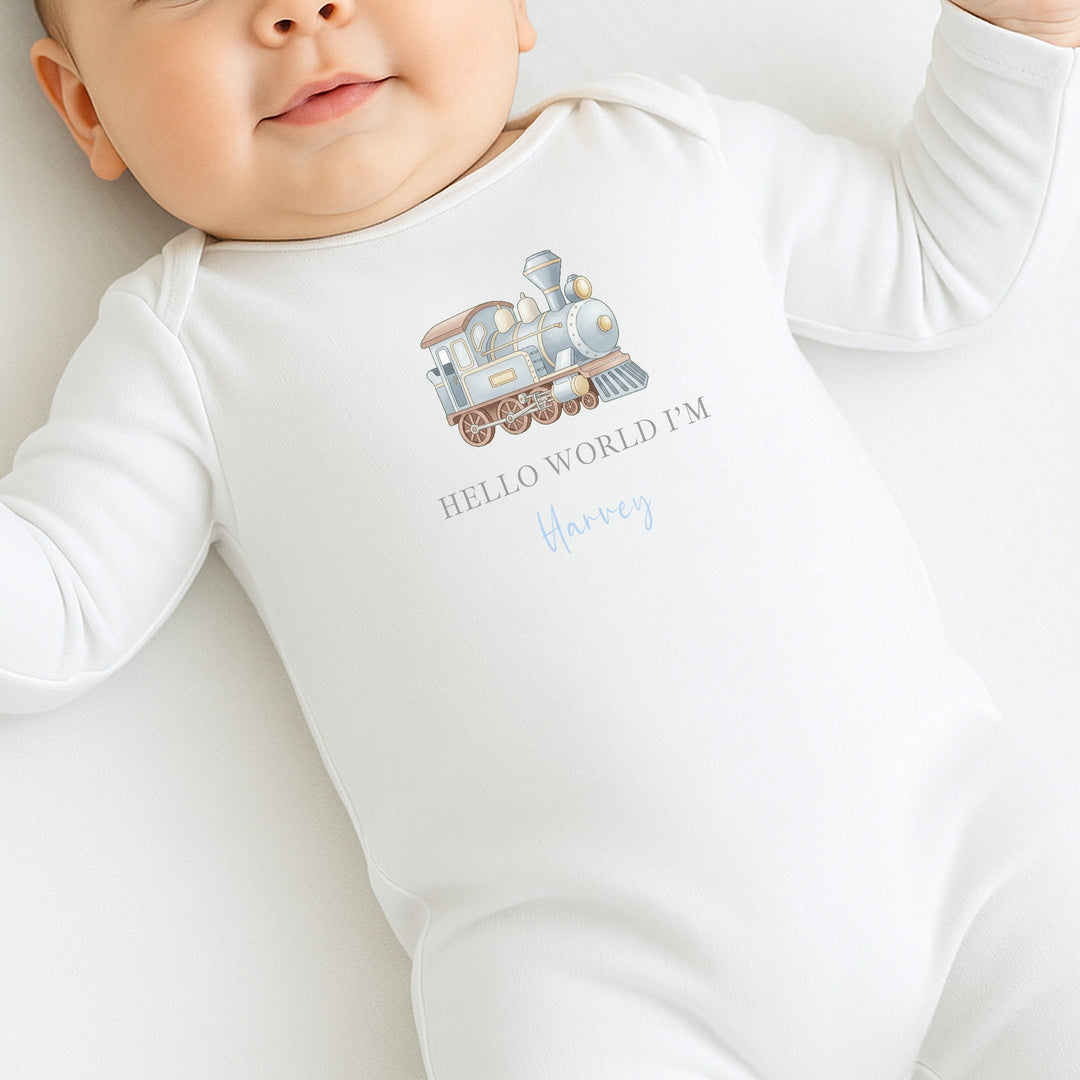 Personalised Blue Train Baby Grow &amp; Rabbit Set