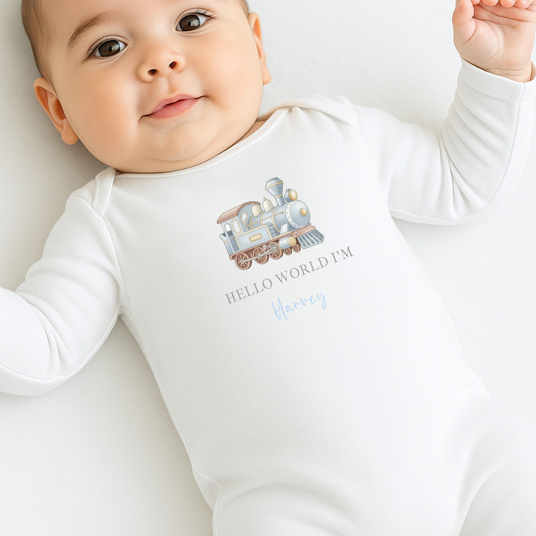 Personalised Blue Train Hello World Baby Grow, Vest or Bib