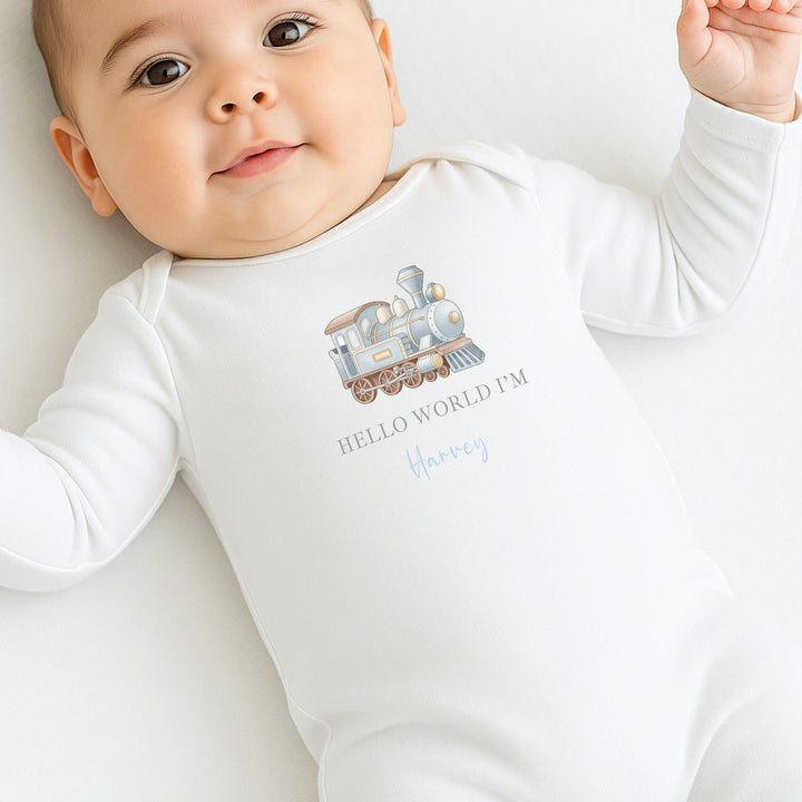 Personalised Blue Train Hello World Baby Grow, Vest or Bib