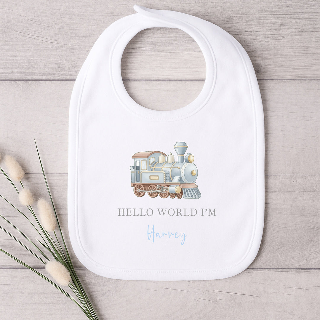 Personalised Blue Train Hello World Baby Grow, Vest or Bib