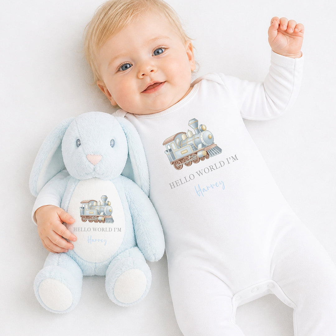 Personalised Blue Train Baby Grow &amp; Rabbit Set