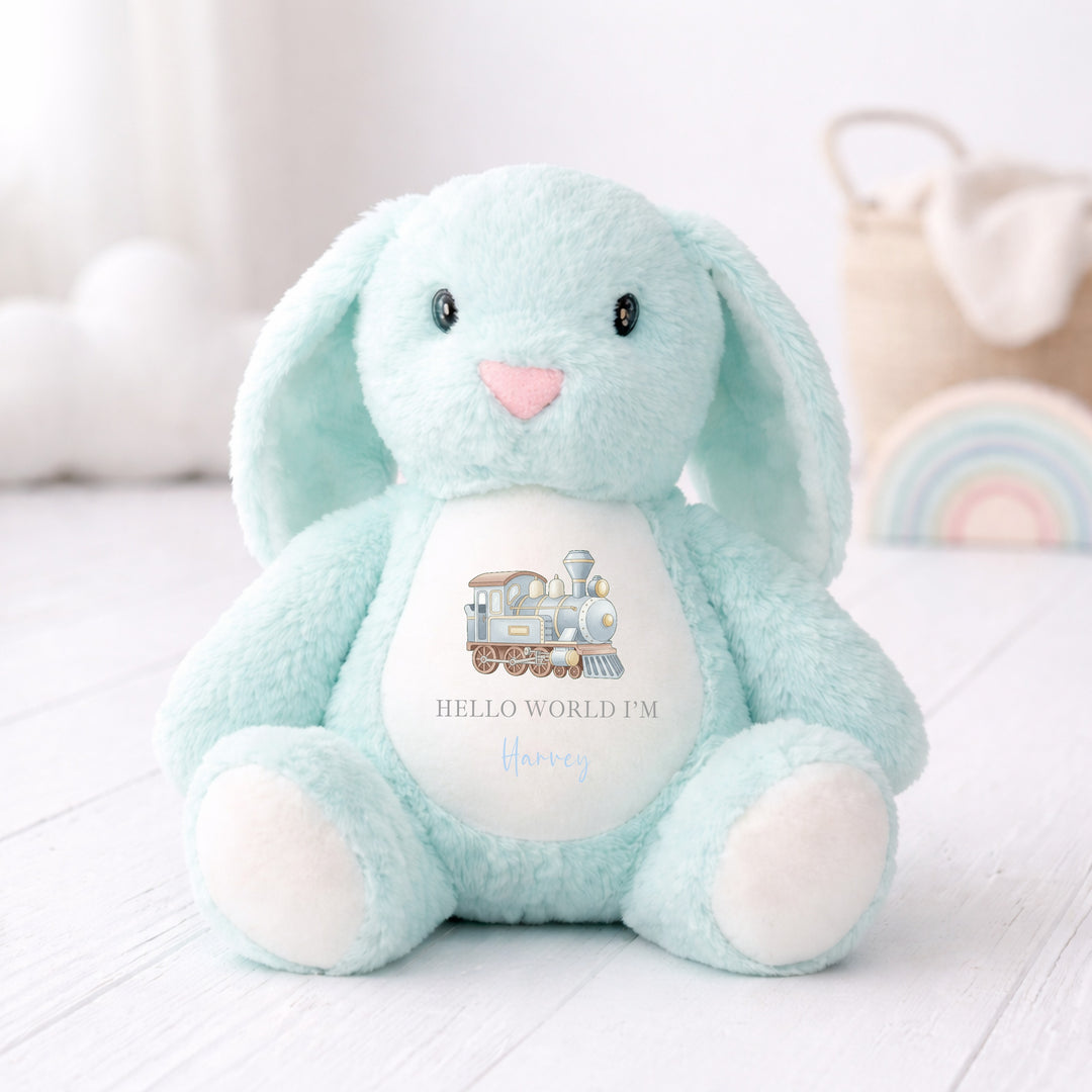 Personalised Blue Train Baby Grow &amp; Rabbit Set
