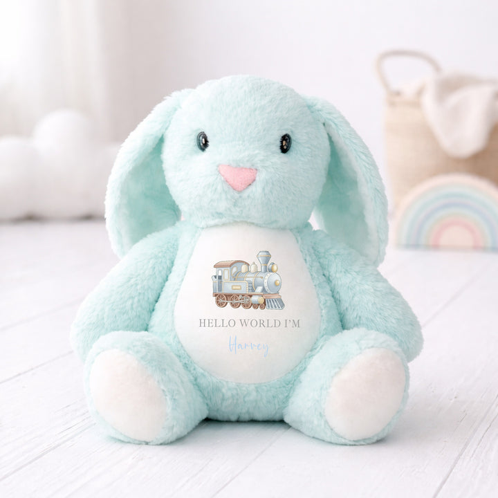 Personalised Blue Train Baby Grow &amp; Rabbit Set