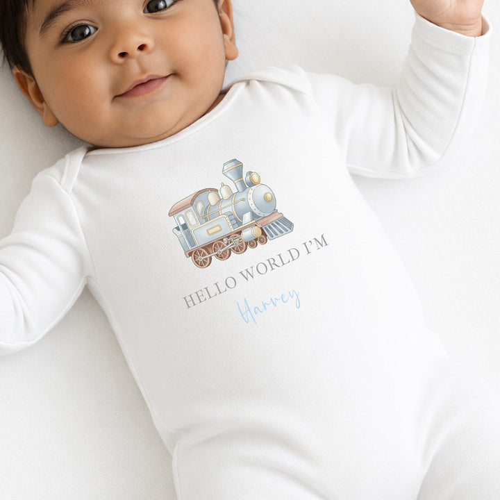 Personalised Blue Train Hello World Baby Grow, Vest or Bib