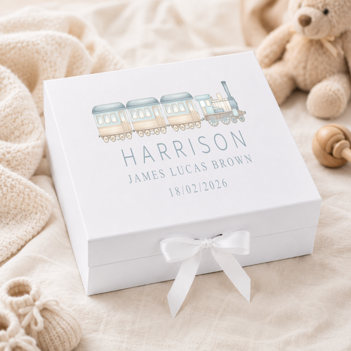 Personalised Blue Train Baby Keepsake Box