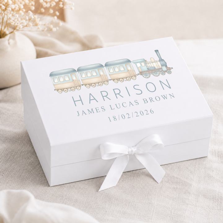 Personalised Blue Train Baby Keepsake Box