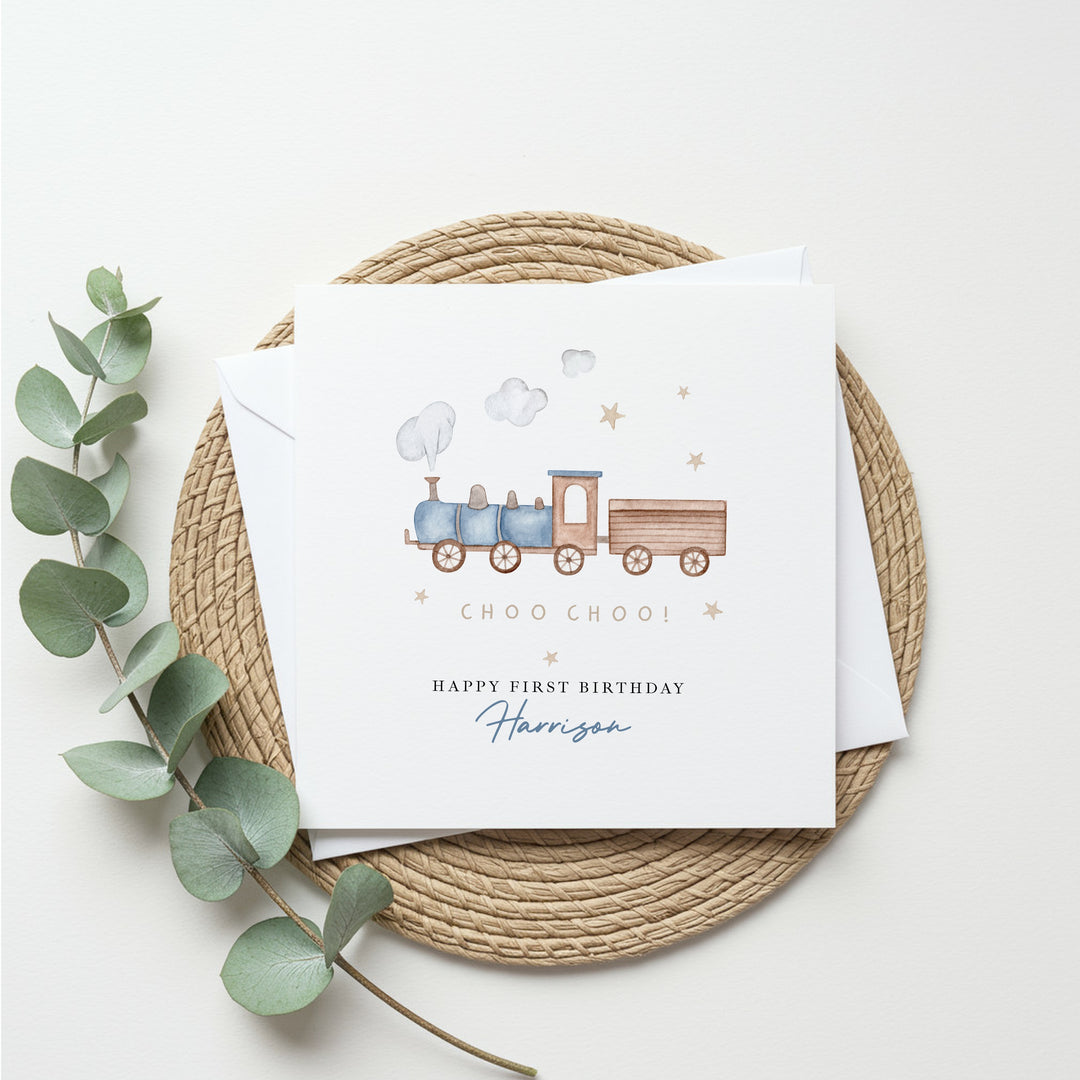 Personalised Blue Train Birthday Card