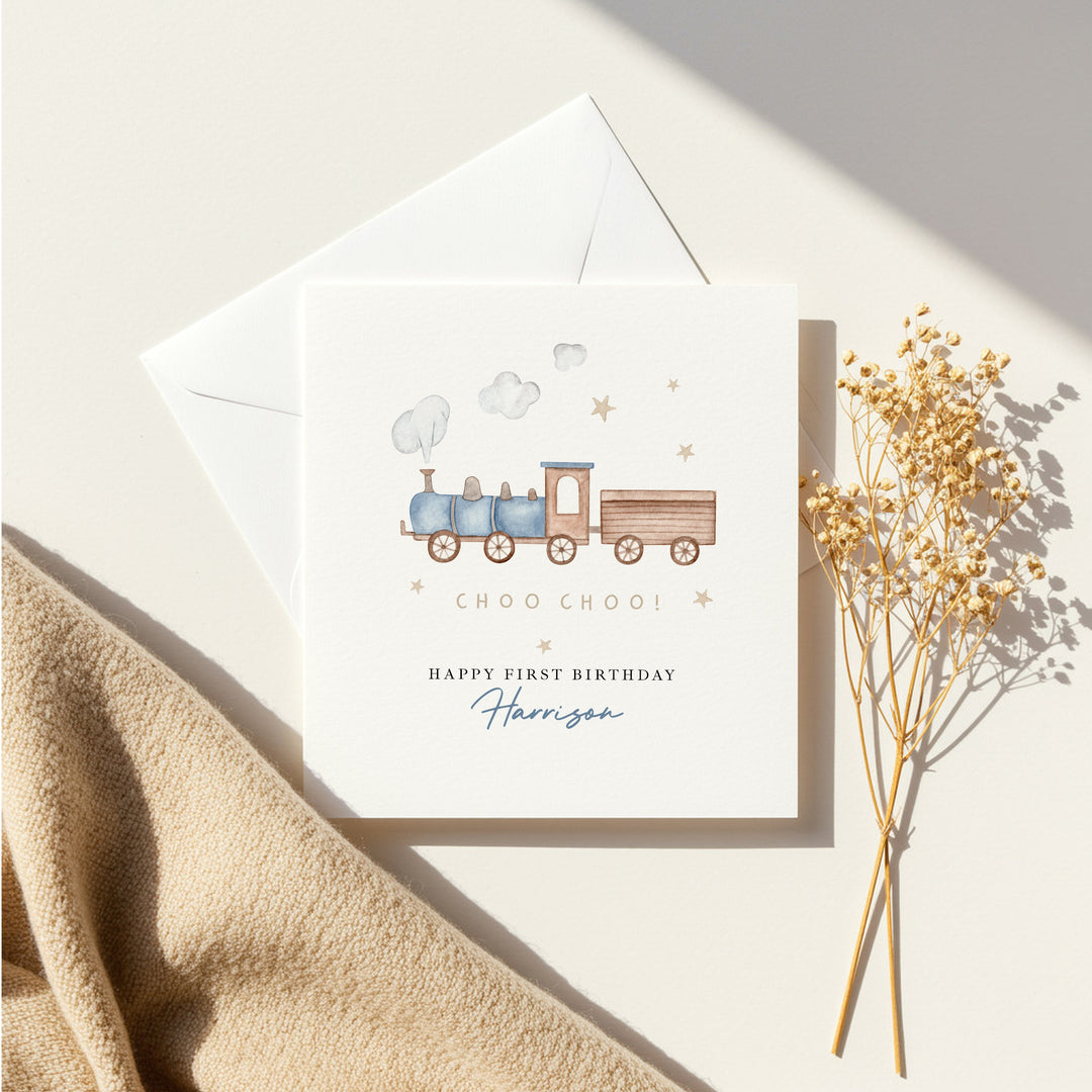 Personalised Blue Train Birthday Card