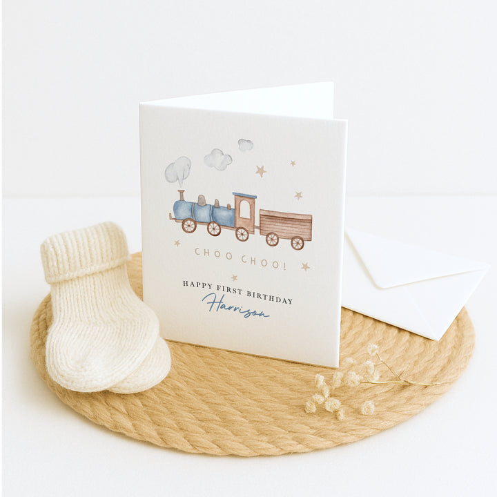 Personalised Blue Train Birthday Card