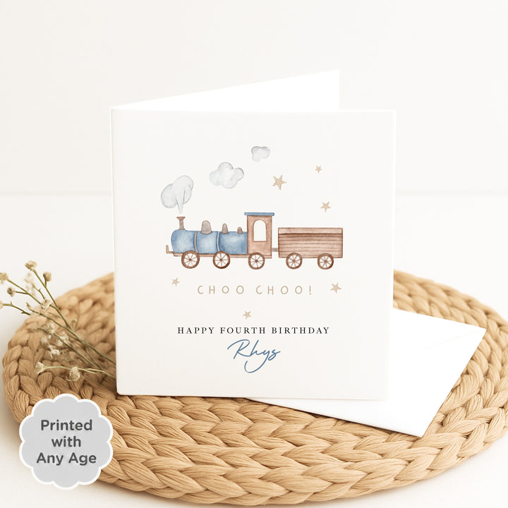 Personalised Blue Train Any Age Birthday Card