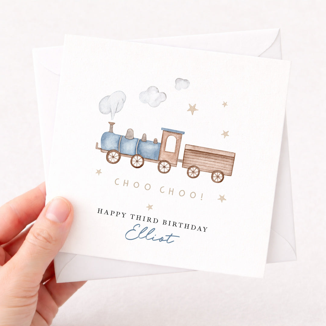 Personalised Blue Train Any Age Birthday Card
