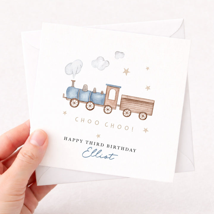Personalised Blue Train Any Age Birthday Card