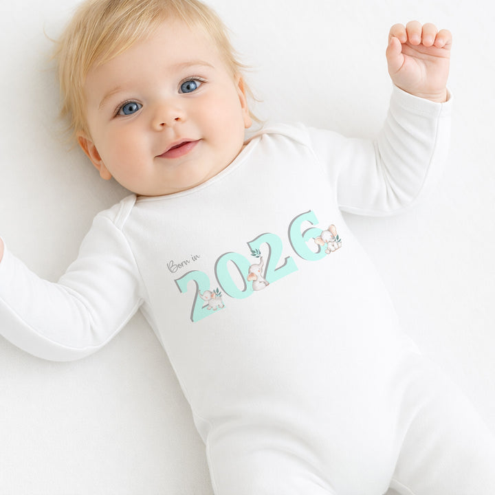 Turquoise Elephant Born in 2026 Baby Grow, Vest or Bib