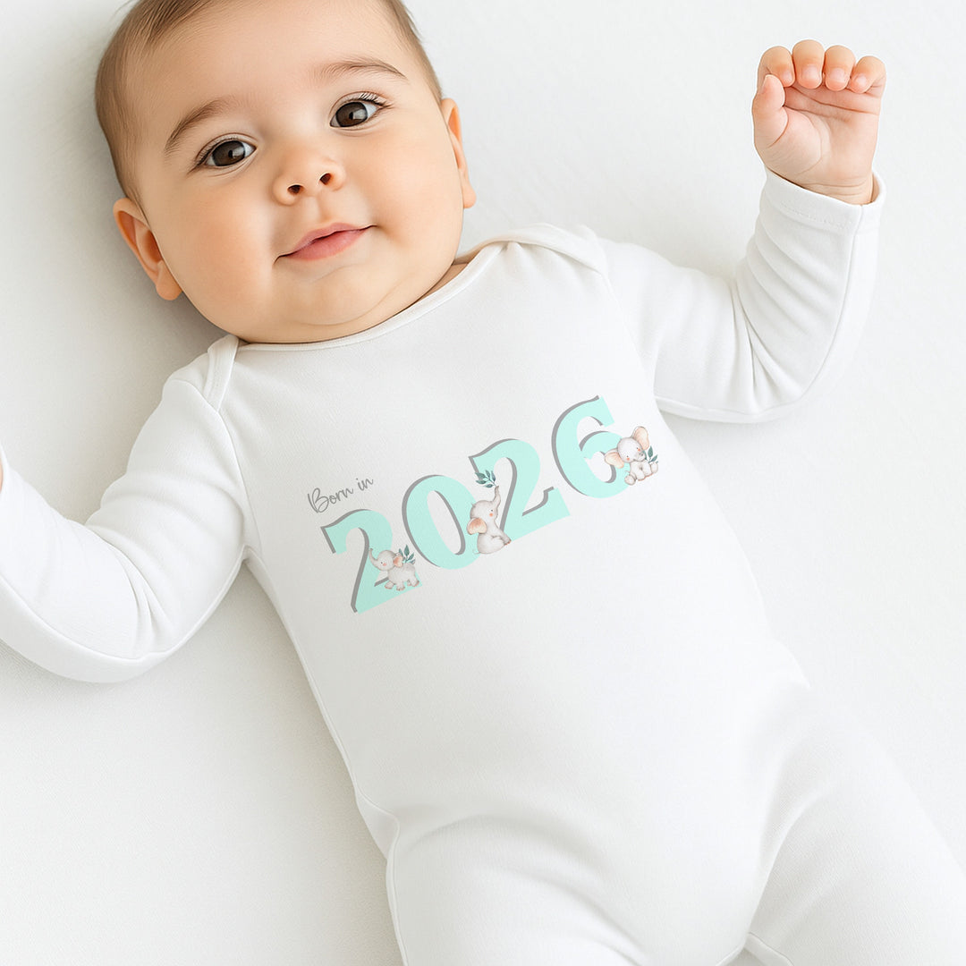 Turquoise Elephant Born in 2026 Baby Grow, Vest or Bib